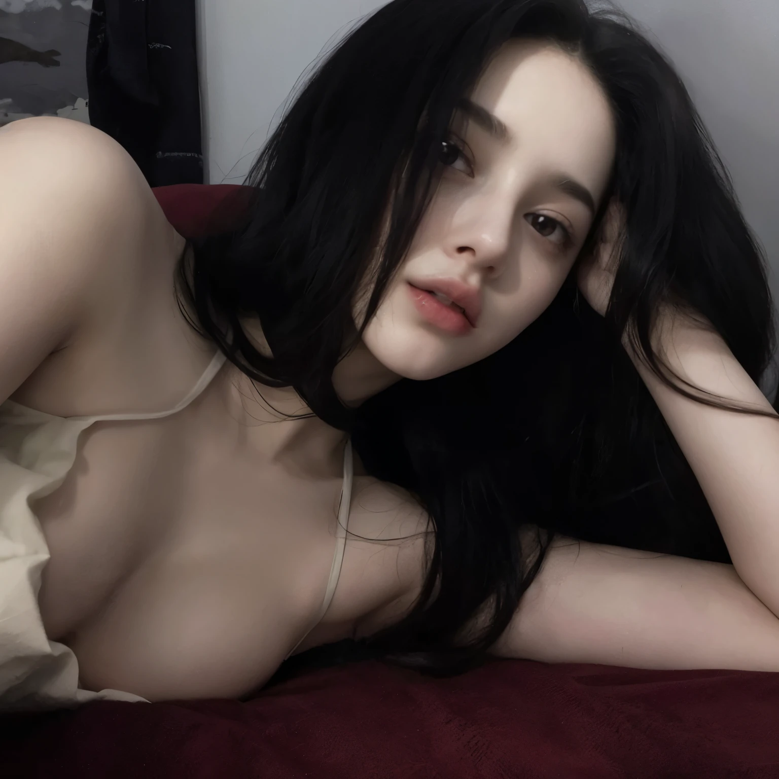 Mujer arafed acostada en una cama con una manta roja., dilraba dilmurat, pale and light skin!!, 18 years, pale skin persian girl, with pale skin, she is about 2 0 years old, she is about 20 years old, sexy look at the camera, soft pale white skin, 2 4 year old female model