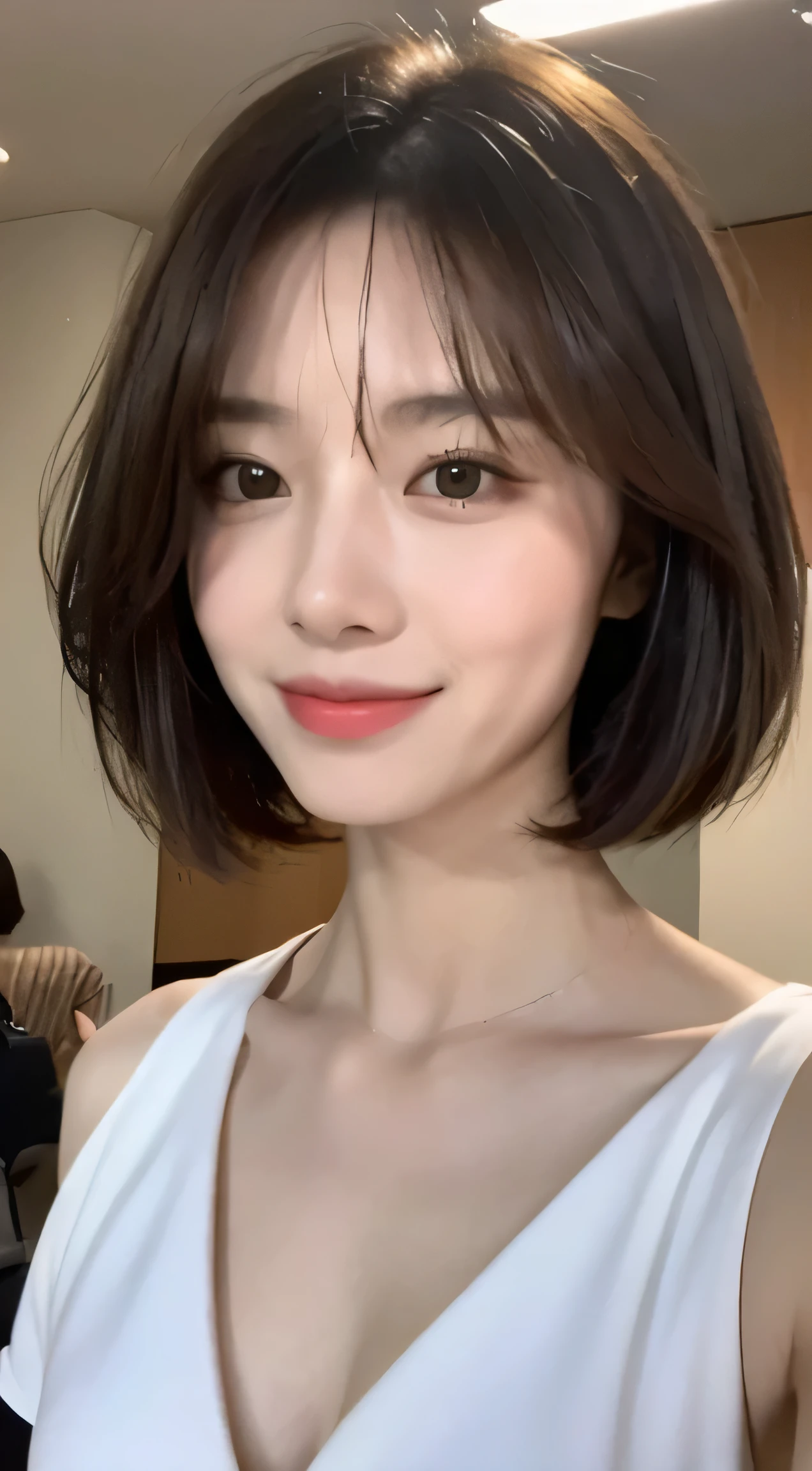 ((highest quality, 8k, masterpiece:1.3)), concentrate: 1.2, Perfect body beauty: 1.4, Hips: 1.2, ((Layered Haircut, chest: 1.2)), Bandeau dress: 1.1, Highly detailed face and skin texture, Beautiful Eyes, double eyelid, Whitening skin, Long Hair, (shut up: 1.3), smile、体がFacing the audience、Facing the audience、Chest