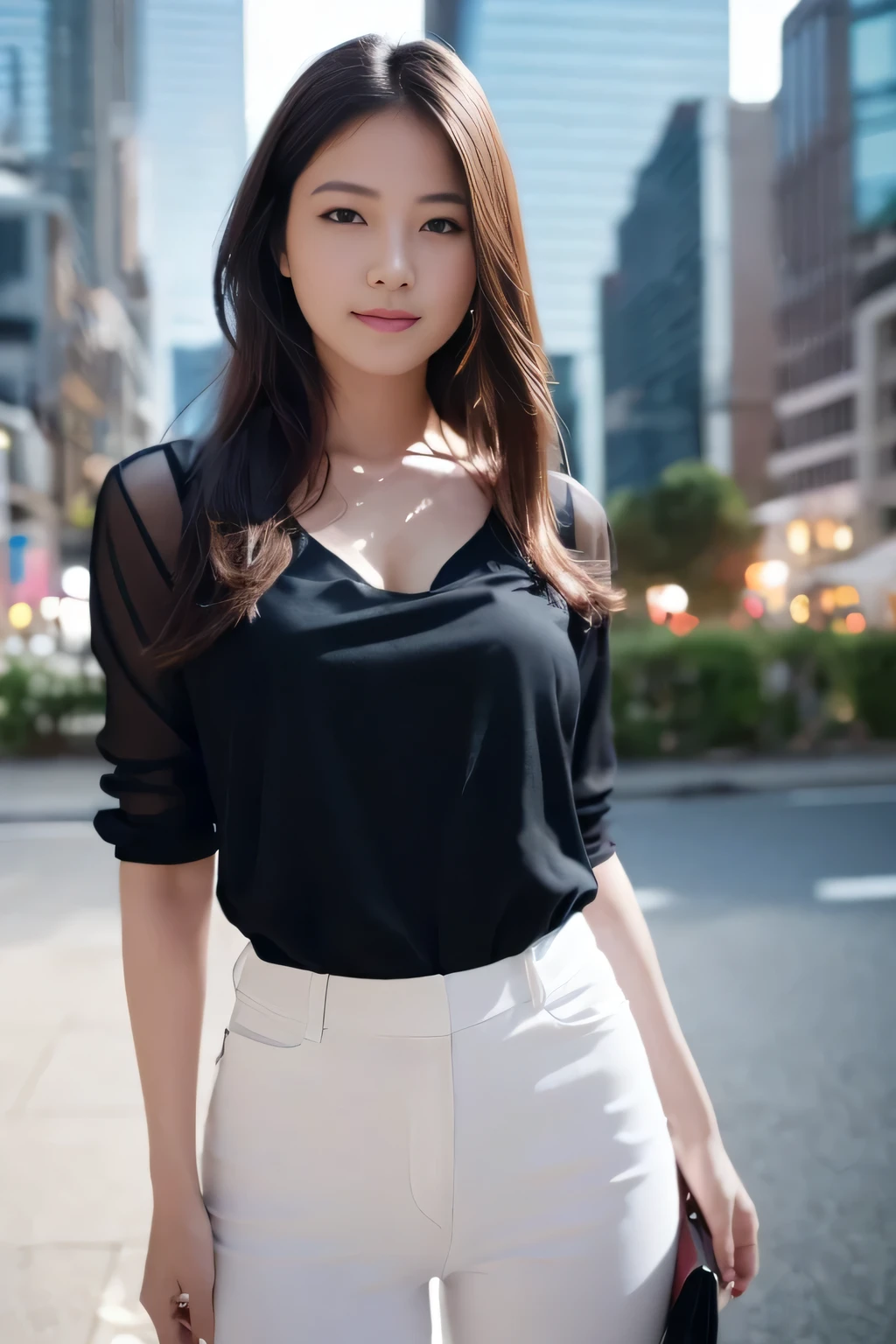 
((Tabletop:1.4, highest quality)), (Realistic photos:1.4), 
((1 girl)), (Beautiful actress), (dream-like),
(超High resolution:1.2), Very delicate and beautiful, wonderful, very detailed Cg Unity 8K wallpaper, Very detailed, High resolution, 
Soft Light, Beautiful detailed girl, Very detailedな目と顔, Beautiful and detailed nose, Beautiful and detailed, 
(Wearing a black blouse:1.3),
Cinema Lighting, Perfect Anatomy, Slender body, 
(Skyscraper street in the evening:1.3), (Outdoor), (Night falls:1.4), (Reflection of a glass building),
Cowboy Shot, Looking at the audience, Old-fashioned smile