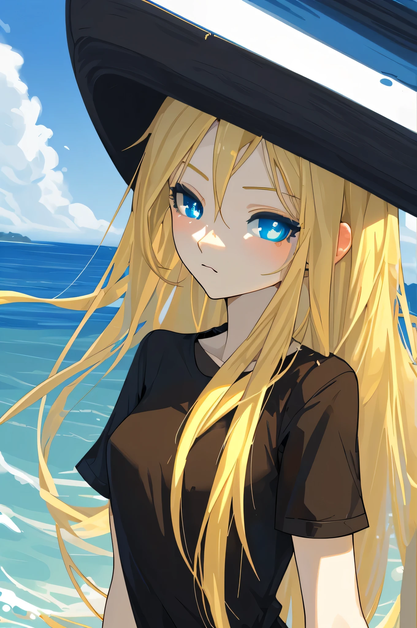 Masterpiece, best quality, high-res, Slender/ite girl, blonde long hair, blue ocean eyes, gorgeous face, black shirt with short sleeves