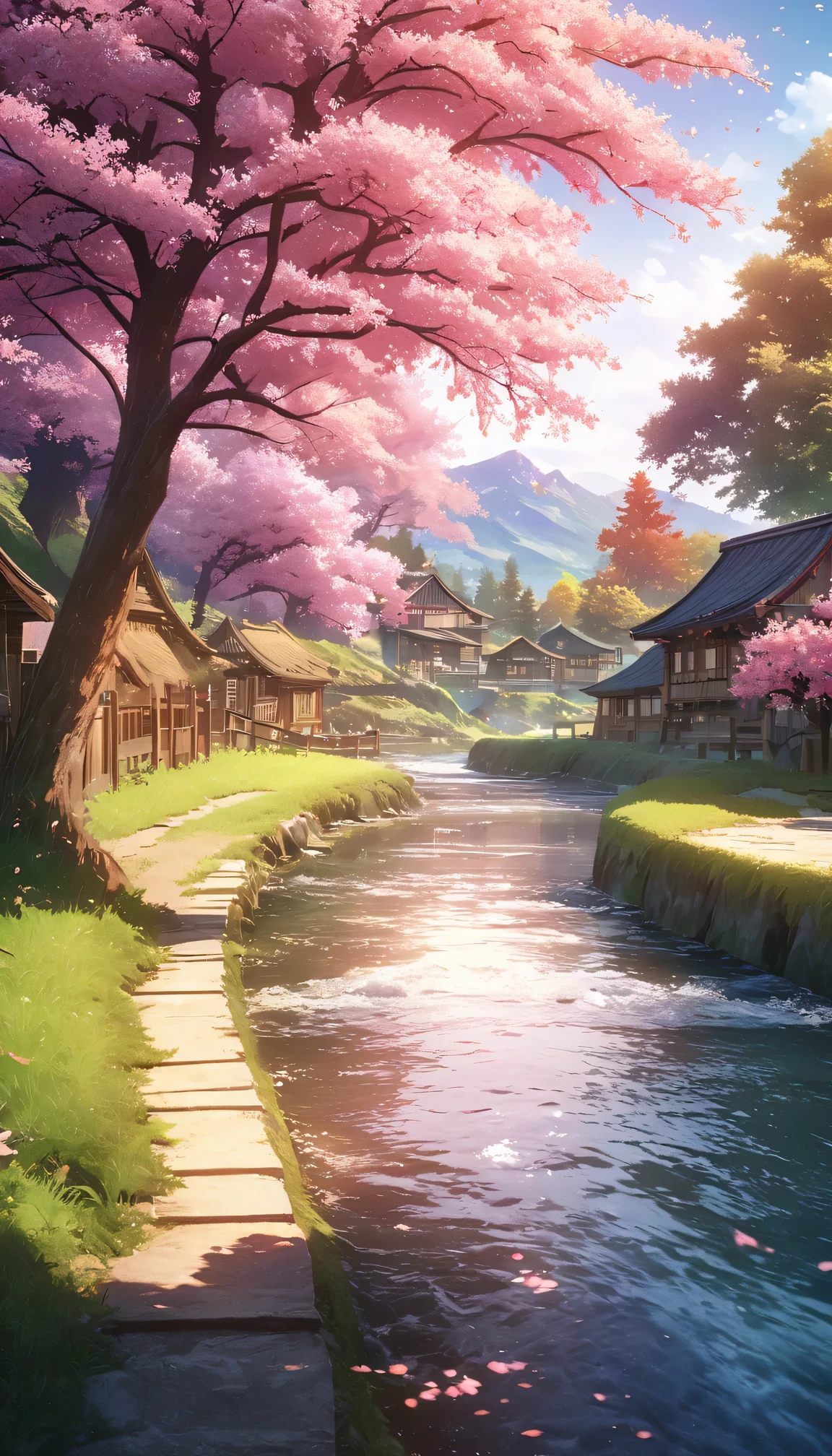 Draw a river and a small village, Anime beautiful peaceful scene, very beautiful scenery, landscape artwork, landscape art details, Very beautiful digital art, beauty of natural landscape, Beautiful art ultra hd 4k, very beautiful photos, beautiful nature, landscape wallpaper, really beautiful nature, Beautiful digital artwork, beautiful background, Cherry tree, anime style