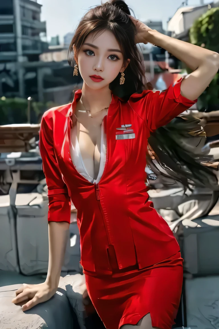 AirAsia stewardess uniform、Unzipped red jacket、Long sleeve red Air Asia jacket uniform、Red mini tight skirt、Big Breasts、Beautiful legs、Adjust your neck、necklace