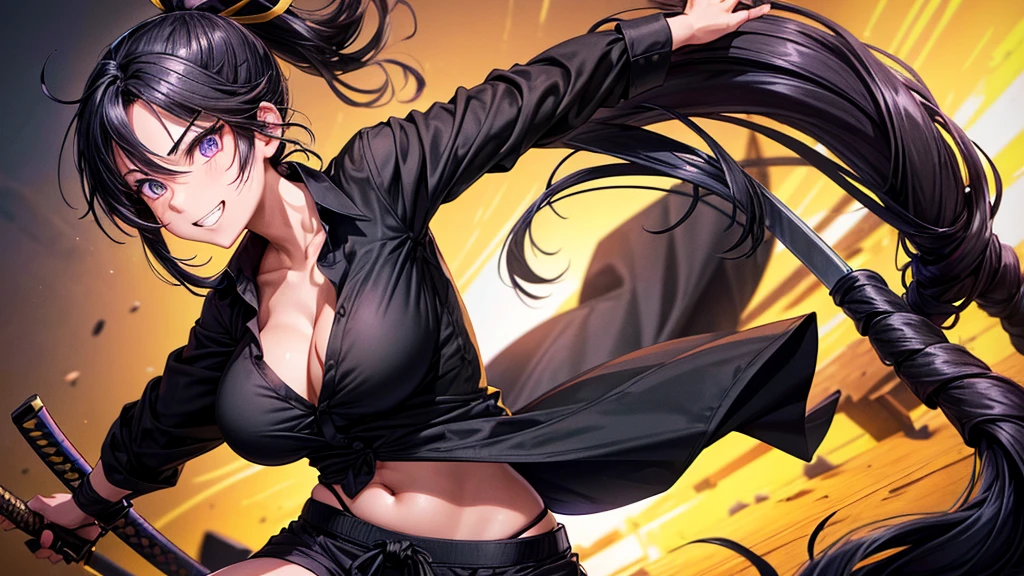 1girl, ninja, ((black hair)), long hair, ponytail, large breasts, ((black shirt)), ((unbuttoned shirt)), unbuttoning buttons, popping buttons, ((short sleeved shirt)), cleavage 1:3, purple eyes, ((black shorts)), grin, standng, hair ribbon, samurai sword, katana