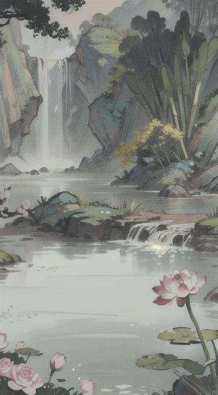 ((Best quality, masterpiece: 1.2)), CG, 8K, intricate details, cinematic perspective, (no one around), (Ancient Chinese garden), pond filled with lotus flowers, rocks, flowers, bamboo forests, waterfalls, wooded areas, small bridges spanning babbling streams, detailed foliage and flowers, (sunlight shining, sparkling waves), peaceful and serene atmosphere, ((soft and elegant colors)), ((exquisitely crafted composition))