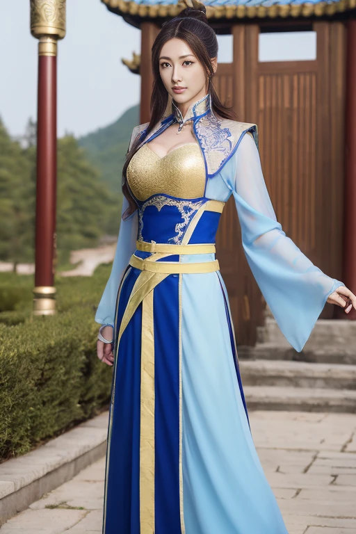 (Masterpiece，High-definition，Surreal、Digital Art:1.2)、Beautiful Female Warrior，Three Kingdoms，Fine eyes and face，Tall Woman，Chinese Warrior，Hanfu、(Dynamic pose with sword:1.2)、General temperament，Tall Woman，Strong Body，Wide ass，Cleavage、In front of the gate of an ancient Chinese castle、Full Body Portrait