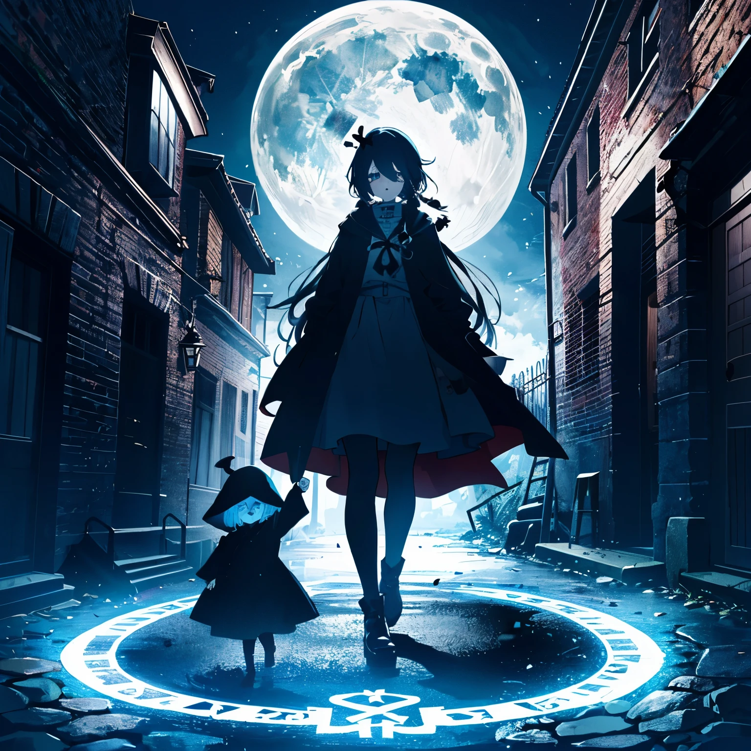 Fantastic atmosphere, many Gothic mansions standing, a creepy man with bandages all over his body acting as a guide standing at the entrance, an evil clown walking, dark landscapes, street lights, Outdoors, eerie moon in the sky, 3 girls (), exorcist outfit, eerie magic circle, (skull and crossbones hair ornament, black boots), (short arms: 1 and a half years old), round face , (Child: 1.5 years oldrface effects, color effects), small breasts, blonde hair, very long hair tied on the head (hair, surface effects, color effects), the girls look very scary A terrifying horror-like monster is walking around, the girls prepare to exorcise spirits by creating an eerie magic circle, deltamon_sdXL: 0.73>deltamon