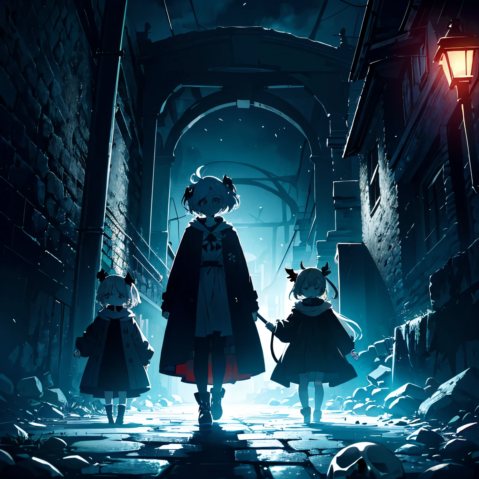 Fantastic atmosphere, many Gothic mansions standing, a creepy man with bandages all over his body acting as a guide standing at the entrance, an evil clown walking, dark landscapes, street lights, Outdoors, eerie moon in the sky, 3 girls (2 years old), exorcist outfit, eerie magic circle, (skull and crossbones hair ornament, black boots), (short arms: 1 and a half years old), round face , (Child: 1.5 years old) (hair, surface effects, color effects), small breasts, blonde hair, very long hair tied on the head (hair, surface effects, color effects), the girls look very scary A terrifying horror-like monster is walking around, the girls prepare to exorcise spirits by creating an eerie magic circle, deltamon_sdXL: 0.73>deltamon

