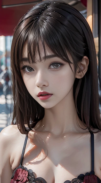(masterpiece),(highest quality:1.0), (Ultra-high resolution:1.0), Detail view, 8k, One girl, beautiful girl, Wearing a red dress, Flower Crown, Pretty face, Detailed face, Beautiful Eyes, Fine grain, Dark red eyes, Bright red lips, Red lipstick, Beautiful and stylish hair, Hair highlights, bangs anime style, highest quality, Vibrant