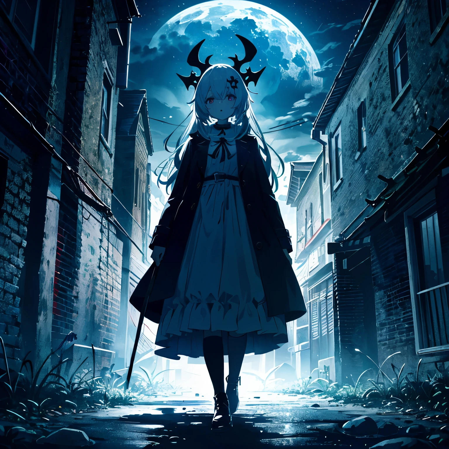 Fantastic atmosphere, many Gothic mansions standing, a creepy man with bandages all over his body acting as a guide standing at the entrance, an evil clown walking, dark landscapes, street lights, Outdoors, eerie moon in the sky, 3 girls (2 ), exorcist outfit, eerie magic circle, (skull and crossbones hair ornament, black boots), (short arms: 1 and a half years oldund face , (Child: 1.5 years old) (hace effects, color effects), small breasts, blonde hair, very long hair tied on the head (hair, surface effects, color effects), the girls look very scary A terrifying horror-like monster is walking around, the girls prepare to exorcise spirits by creating an eerie magic circle, deltamon_sdXL: 0.73>deltamon