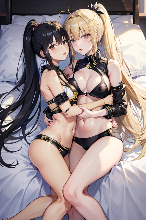 (((Browsing Caution)))、hug2Top quality talent Deep Kiss joy Intertwining tongues beautiful girl black hair and blonde ponytail Above bed Browsing Caution、Small