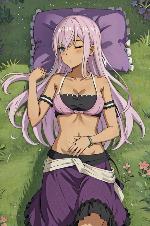 A tan skinned anime girl, dressed in a cute bikini top and flowy skirt, curled up in a peaceful slumber on a grassy hill, her hand pressed against her stomach in discomfort.