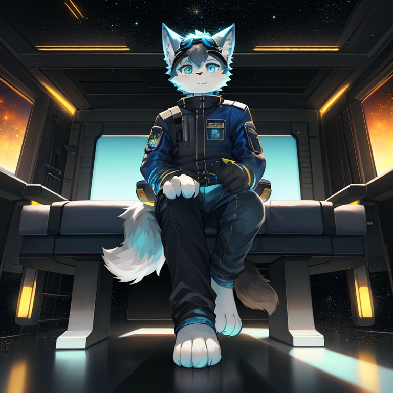 "(High quality sci-fi scenery and shadows,Ray Tracing,Particle Effects,8k resolution),(Cat-eared Shota boy and oversized wolf tail+The ears are big and long)of(White luminous pants+皮毛是白色of+Yellow and blue luminous clothes),Wearing futuristic sci-fi naval command uniform,Space Helmet,Goggles,Animal-type feet,散发着神秘又英气of可爱气质。"