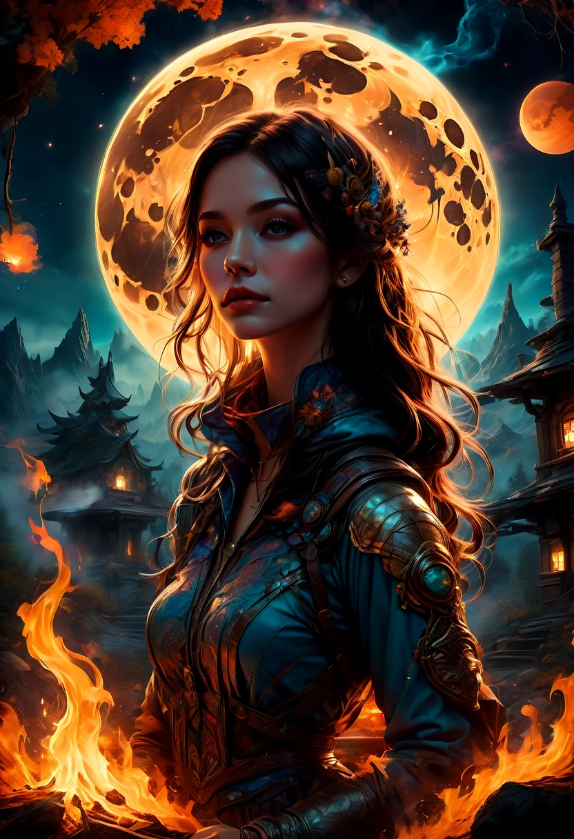 1girl, Campfire, aesthetic, Camping under a double moon, detailed matte painting, deep color, fantastical, intricate detail, splash screen, complementary colors, fantasy concept art, 8k resolution trending on Artstation Unreal Engine 5