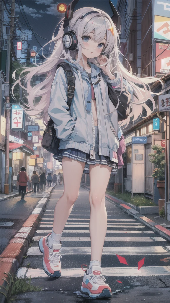 (masterpiece), (highest quality:1.4), (Ultra-high resolution:1.2),  Highly detailed background, (unity 8k wallpaper), Cute high school girl wearing headphones walking through the streets of Tokyo。Illustrations inspired by city pop culture、、Wear loose socks for a stylish and nostalgic look、Display one subject without splitting the screen、************、tall、evening、night