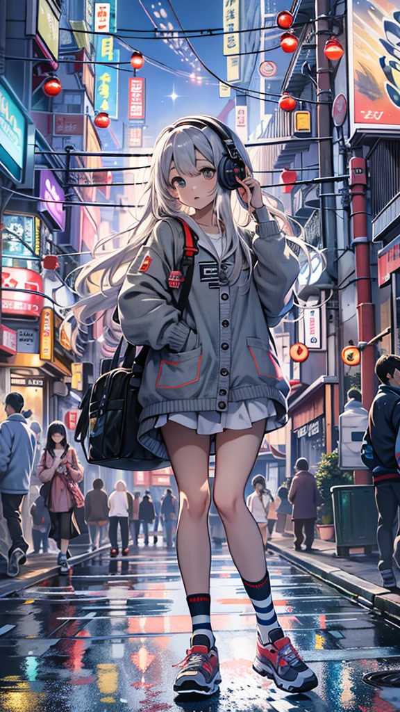 (masterpiece), (highest quality:1.4), (Ultra-high resolution:1.2),  Highly detailed background, (unity 8k wallpaper), Cute high school girl wearing headphones walking through the streets of Tokyo。Illustrations inspired by city pop culture、、Wear loose socks for a stylish and nostalgic look、Display one subject without splitting the screen、************、tall、evening、night