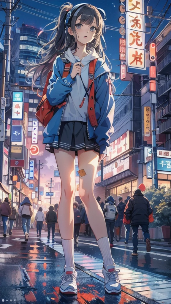 (masterpiece), (highest quality:1.4), (Ultra-high resolution:1.2),  Highly detailed background, (unity 8k wallpaper), e high school girl wearing headphones walking through the streets of Tokyo。Illustrations inspired by city pop culture、、Wear loose socks for a stylish and nostalgic look、Display one subject without splitting the screen、17 ll、evening、night