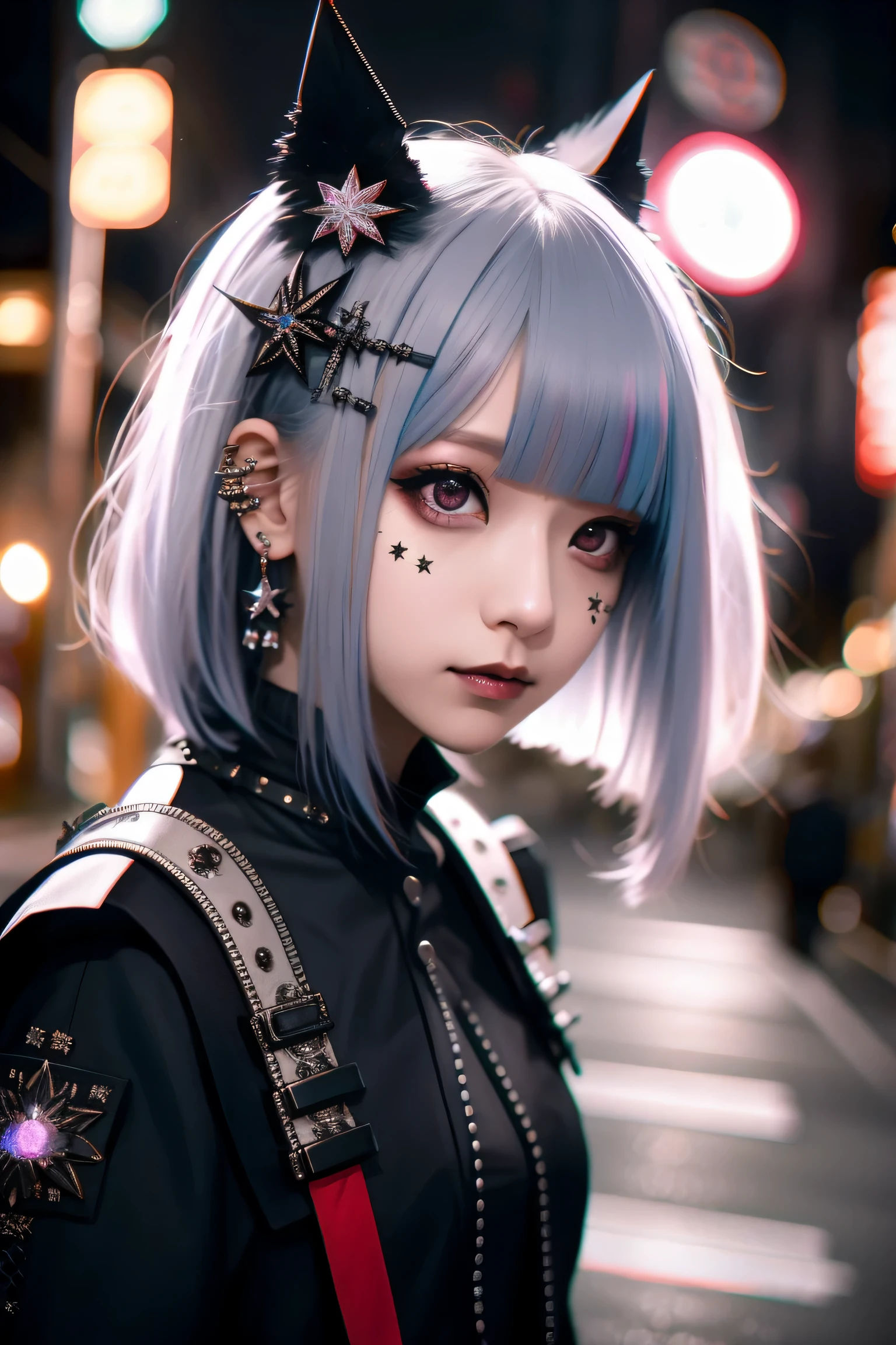 Redhead、Goth_punk, One Girl, alone, Medium Shot, Walking around Harajuku, ((at night)), Bokeh Depth of Field, Neon Light, Rainbow Eyes, Starry Sky, Red glowing hair, White eyebrows, Shiny Hair, (Iridescent white hair), Earrings, Bans, gem, mask, Blunt bangs, Veld's Eye, Mouth mask, Blurred background, Blurred, hair ornaments, Look at the viewers, short hair, Portraiture, Side Lock