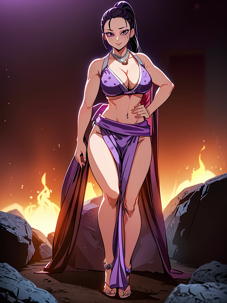 （8k, RAW photos, minino：1.1） ，female，（looki at viewer company），cowboy lens，Japanese，hinatsuru / (demon slayer\），（fullbody saree：1.1），La Brett Piercing，cleavage，(((purple saree)))，seductive smile，Be red on the face, full body photo, standing, lean, muscular legs, muscular belly,black hair, cleavage, color bone, pony tail, seductive pose, Professional lighting、photon mapping、physics-based rendering、dark theme，wearing wifs, jewellery and necklace, alone, extreme high quality, legs covering saree