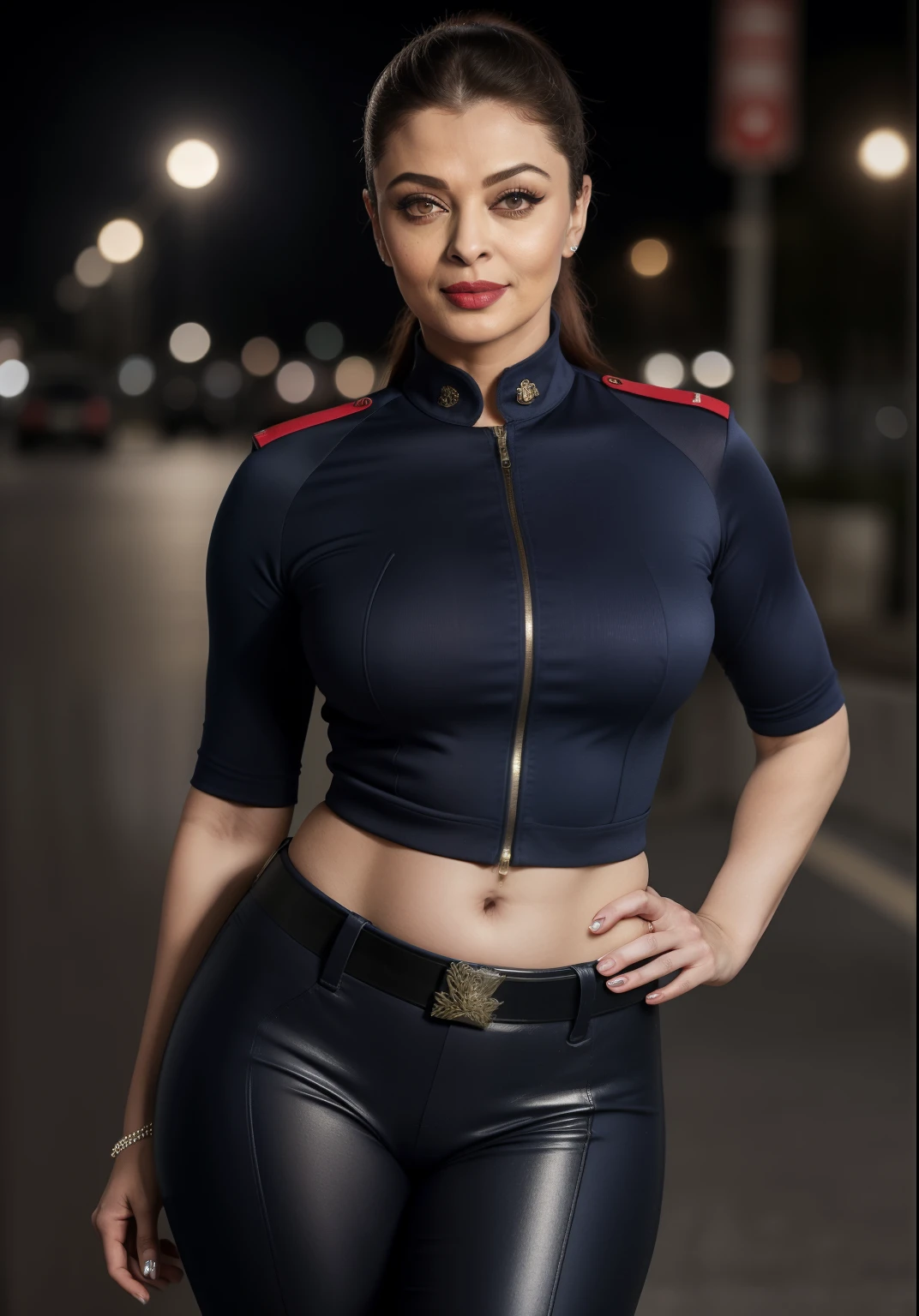 50yo mature MILF Aishwarya Rai as police officer, navy blue tight uniform, very tight shirt showing cleavage, ((red lips)), bring day scene, ((very high heels)), ((short ponytail hair)), mature athletic curvaceous milf body, ((catwalk alone in street)), hourglass milf figure, medium breasts showing massive cleavage, (((seductive smirking expression))) on her face, look at a camera and smirking, soft volumetric lights, intricate details, (ArtStation:1.2)