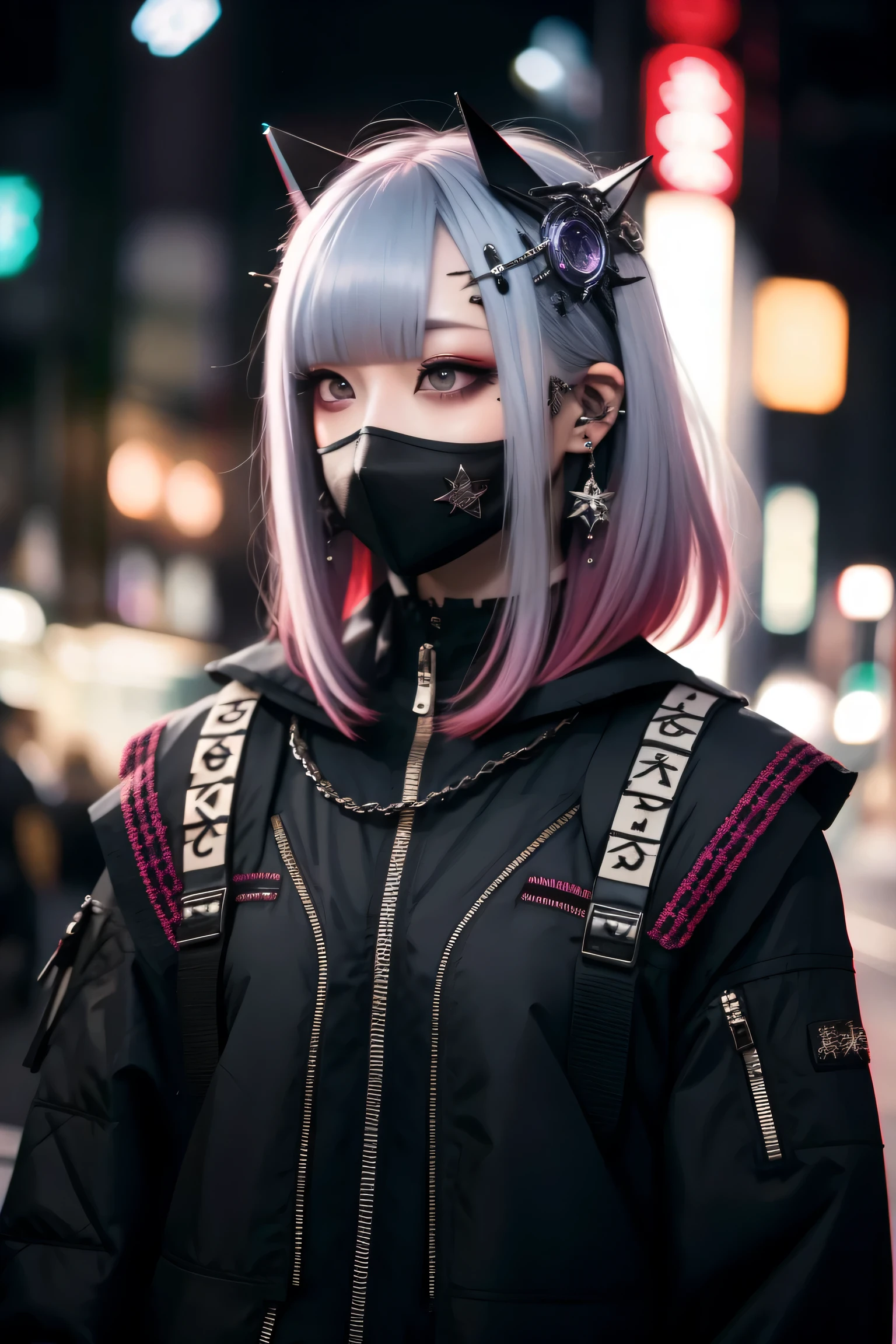 Redhead、Goth_punk, One Girl, alone, Medium Shot, Walking around Harajuku, ((at night)), Bokeh Depth of Field, Neon Light, Rainbow Eyes, Starry Sky, Red glowing hair, White eyebrows, Shiny Hair, (Iridescent white hair), Earrings, Bans, gem, mask, Blunt bangs, Veld's Eye, Mouth mask, Blurred background, Blurred, hair ornaments, Look at the viewers, short hair, Portraiture, Side Lock