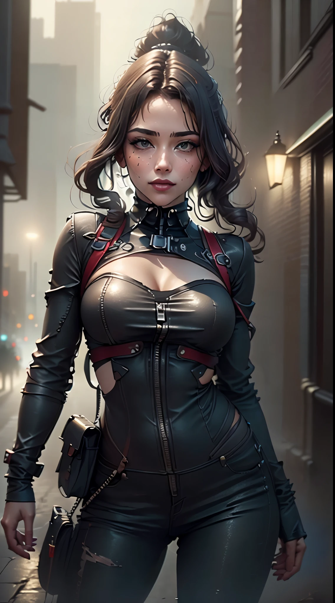 Woman dressed in overalls, blackw, LATEX, stuck to your body, fair, marking the curves, high collar, fair sleeves, long to the wrist, cyberpunkstyle, zipper from neck to belly, zipper closed, hip-length coppery red hair, Loose, smooth ass, sniper gun in right hand, at night