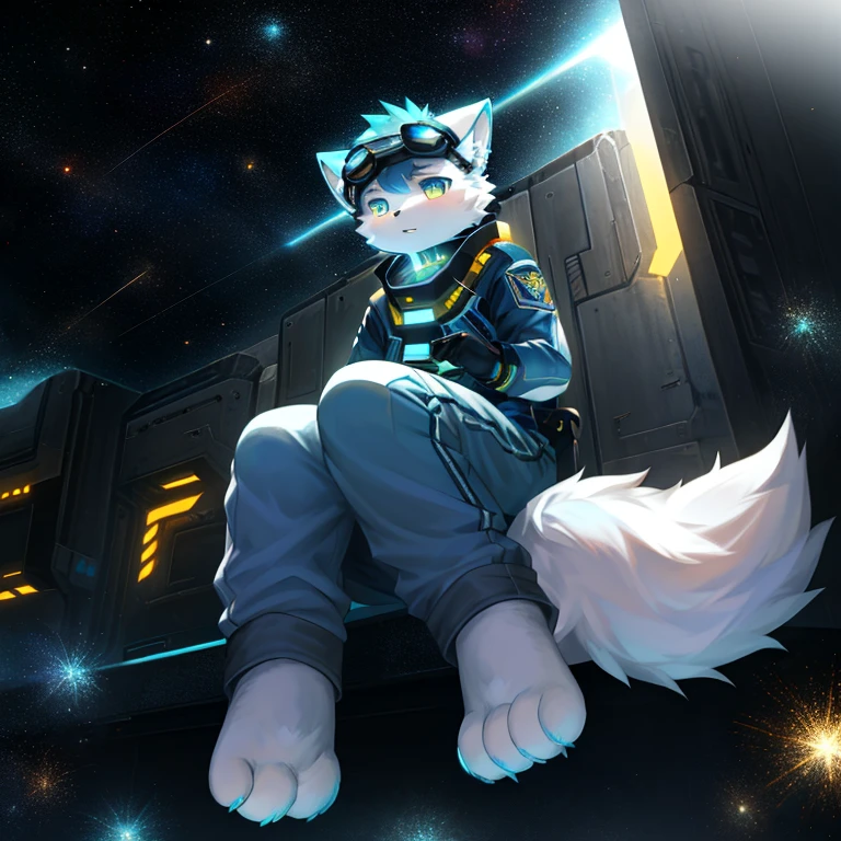 "(High quality sci-fi scenery and shadows,Ray Tracing,Particle Effects,8k resolution),(Cat-eared Shota boy and a huge wolf tail+The ears are big and long)of(White luminous pants+皮毛是白色of+Yellow and blue luminous clothes),Wearing futuristic sci-fi naval command uniform,Space Helmet,Goggles,Animal-type feet,散发着神秘又英气of可爱气质。"