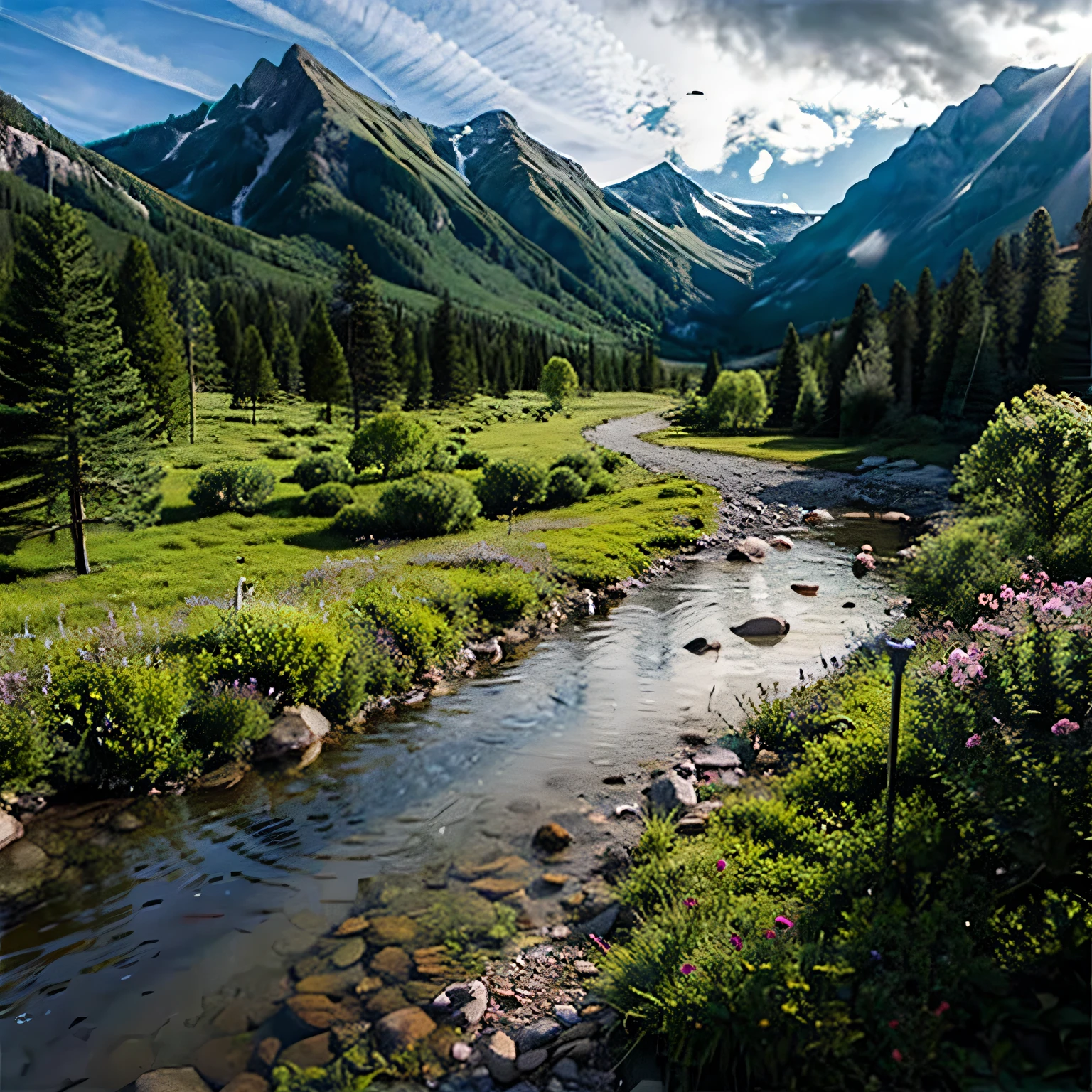 The background is green mountains,In the lower left corner is a building under construction,There is a forest in front of the building,On the right side of the forest is a river,The river flows from the mountain to the bottom of the picture,There is a meadow on the right side of the river,spring,Sunlight is bright,Sunlight,Vibrant,