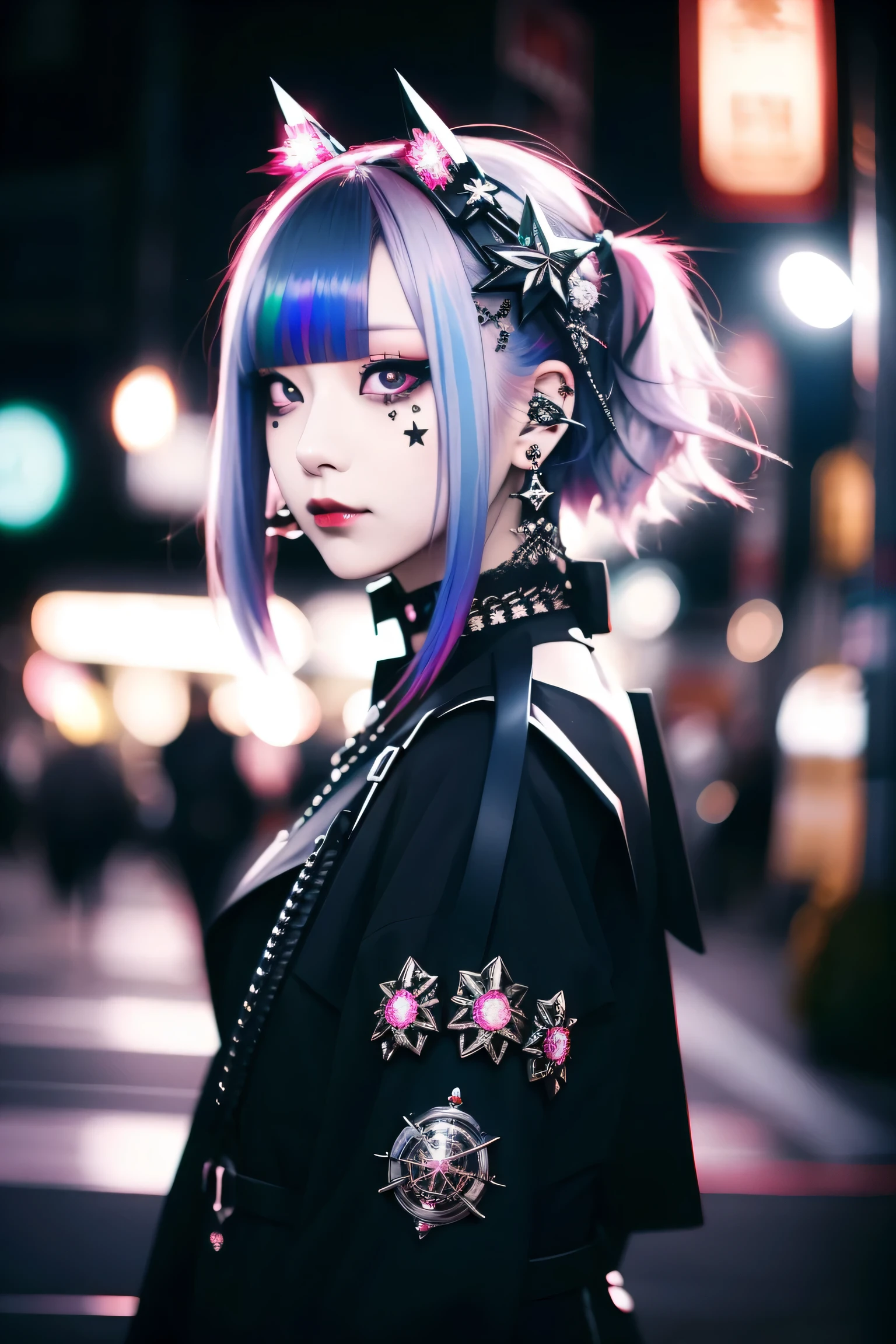 Redhead、Goth_punk, One Girl, alone, Medium Shot, Walking around Harajuku, ((at night)), Bokeh Depth of Field, Neon Light, Rainbow Eyes, Starry Sky, Red glowing hair, White eyebrows, Shiny Hair, (Iridescent white hair), Earrings, Bans, gem, mask, Blunt bangs, Veld's Eye, Mouth mask, Blurred background, Blurred, hair ornaments, Look at the viewers, short hair, Portraiture, Side Lock