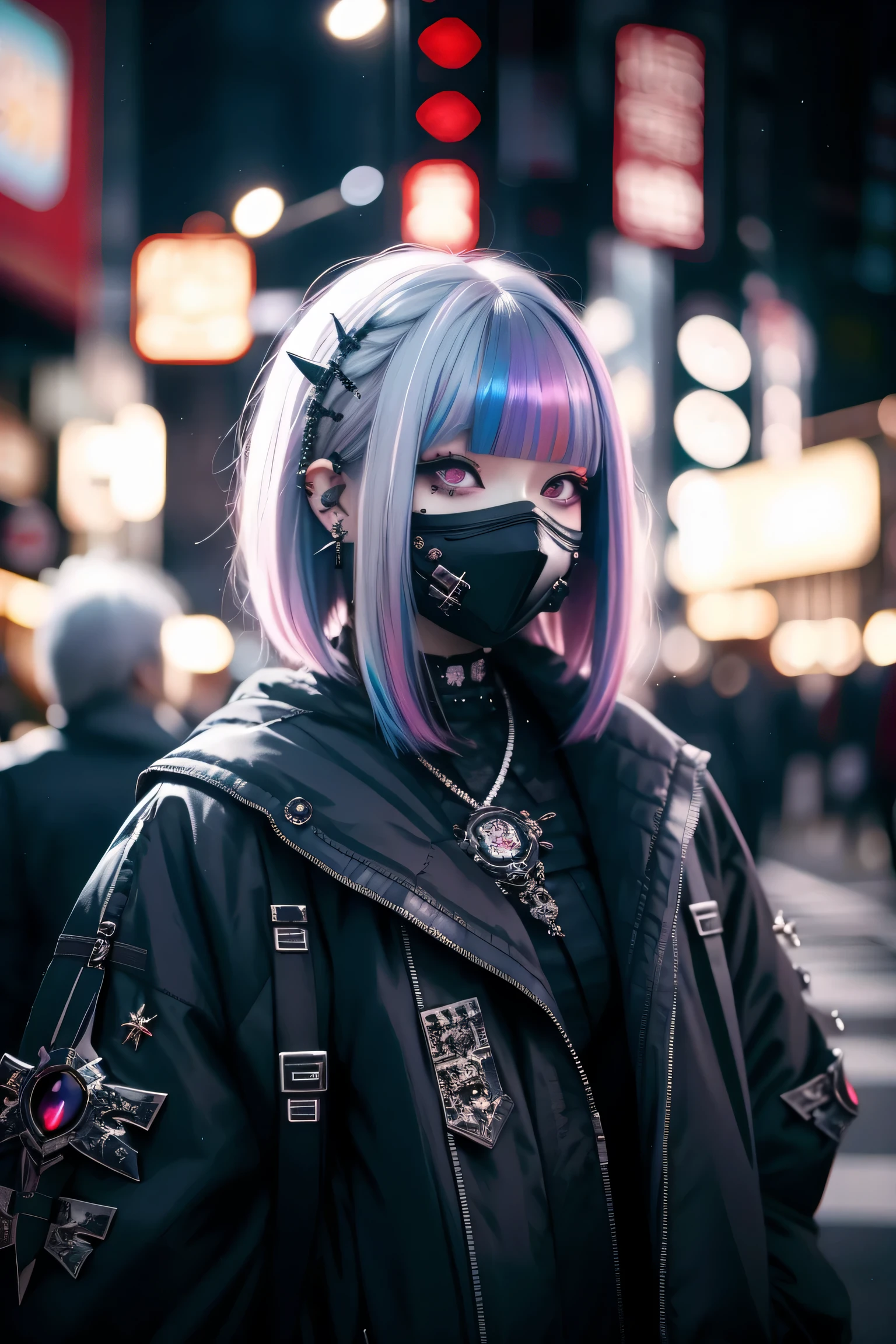 Redhead、Goth_punk, One Girl, alone, Medium Shot, Walking around Harajuku, ((at night)), Bokeh Depth of Field, Neon Light, Rainbow Eyes, Starry Sky, Red glowing hair, White eyebrows, Shiny Hair, (Iridescent white hair), Earrings, Bans, gem, mask, Blunt bangs, Veld's Eye, Mouth mask, Blurred background, Blurred, hair ornaments, Look at the viewers, short hair, Portraiture, Side Lock