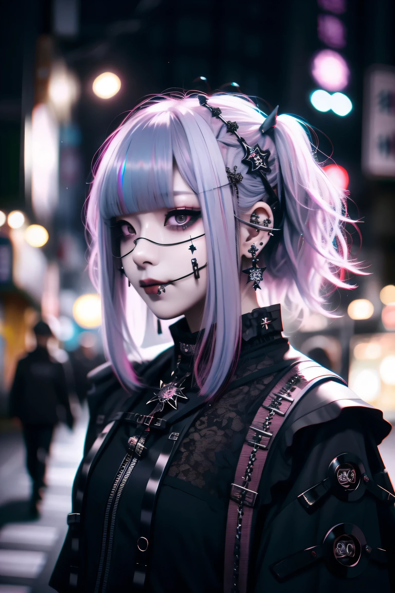 Redhead、Goth_punk, One Girl, alone, Medium Shot, Walking around Harajuku, ((at night)), Bokeh Depth of Field, Neon Light, Rainbow Eyes, Starry Sky, Red glowing hair, White eyebrows, Shiny Hair, (Iridescent white hair), Earrings, Bans, gem, mask, Blunt bangs, Veld&#39;s Eye, Mouth mask, Blurred background, Blurred, hair ornaments, Look at the viewers, short hair, Portraiture, Side Lock
