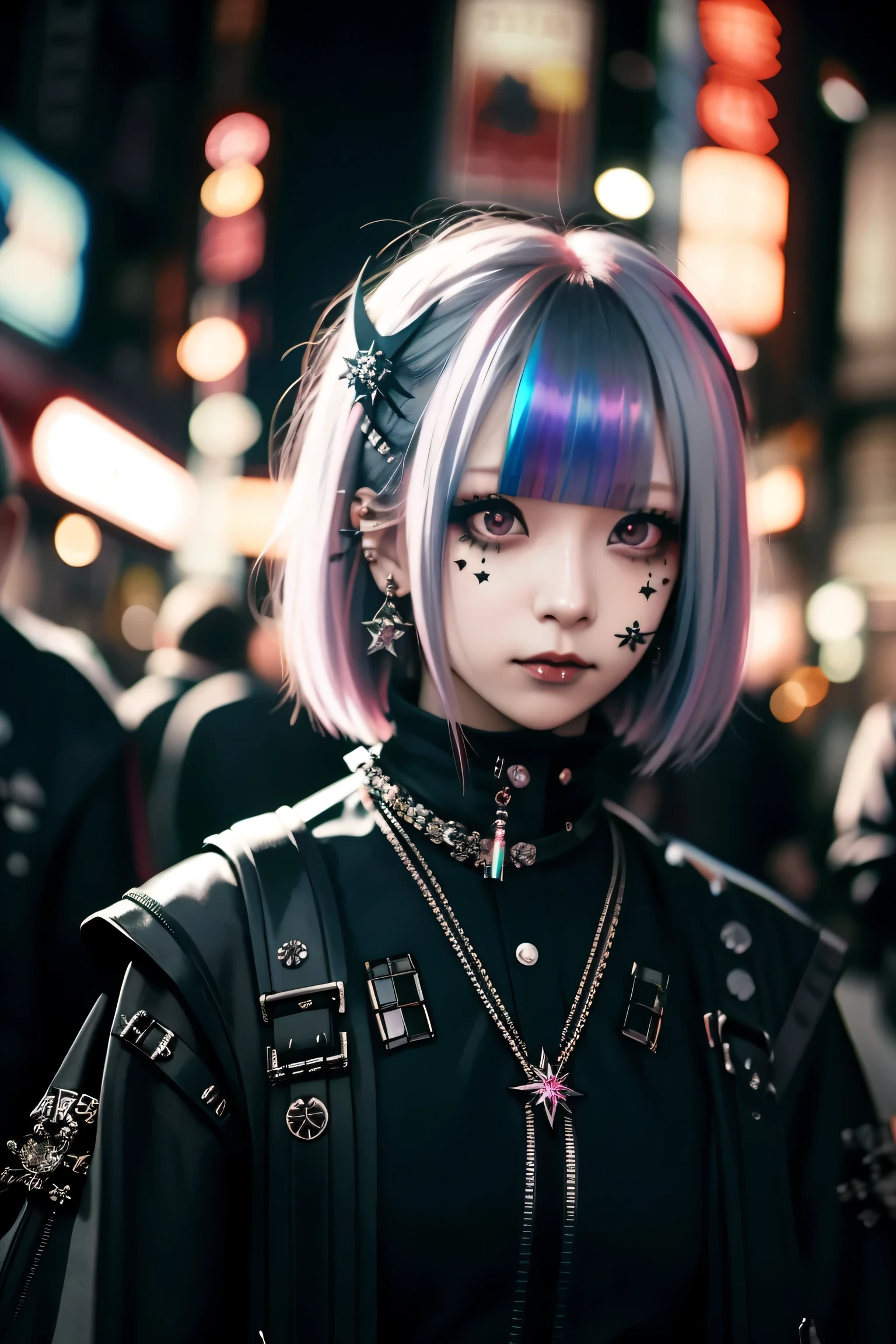 Redhead、Goth_punk, One Girl, alone, Medium Shot, Walking around Harajuku, ((at night)), Bokeh Depth of Field, Neon Light, Rainbow Eyes, Starry Sky, Red glowing hair, White eyebrows, Shiny Hair, (Iridescent white hair), Earrings, Bans, gem, mask, Blunt bangs, Veld's Eye, Mouth mask, Blurred background, Blurred, hair ornaments, Look at the viewers, short hair, Portraiture, Side Lock