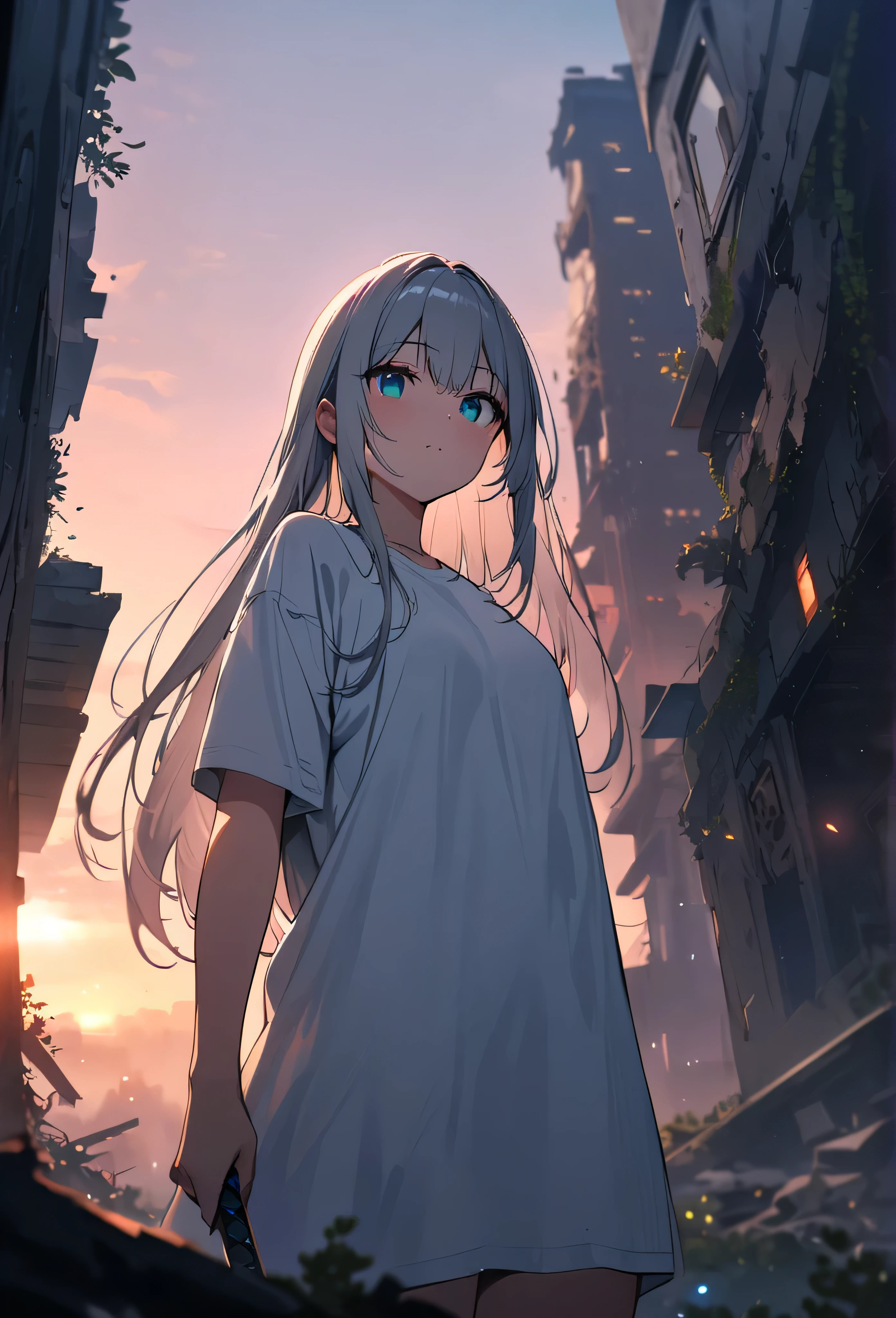 Resolution full, best quality, masterpiece, full HD, beautifull girl, foggy theme, super detailed, 1girl, cute girl, long hair, silver hair, detailed beautiful Aqua eyes, white T - shirt oversized, holding glowing katana. from below, in ruins, overgrown. Day sky, gradient sky, sunset. bokeh. Depth of field.