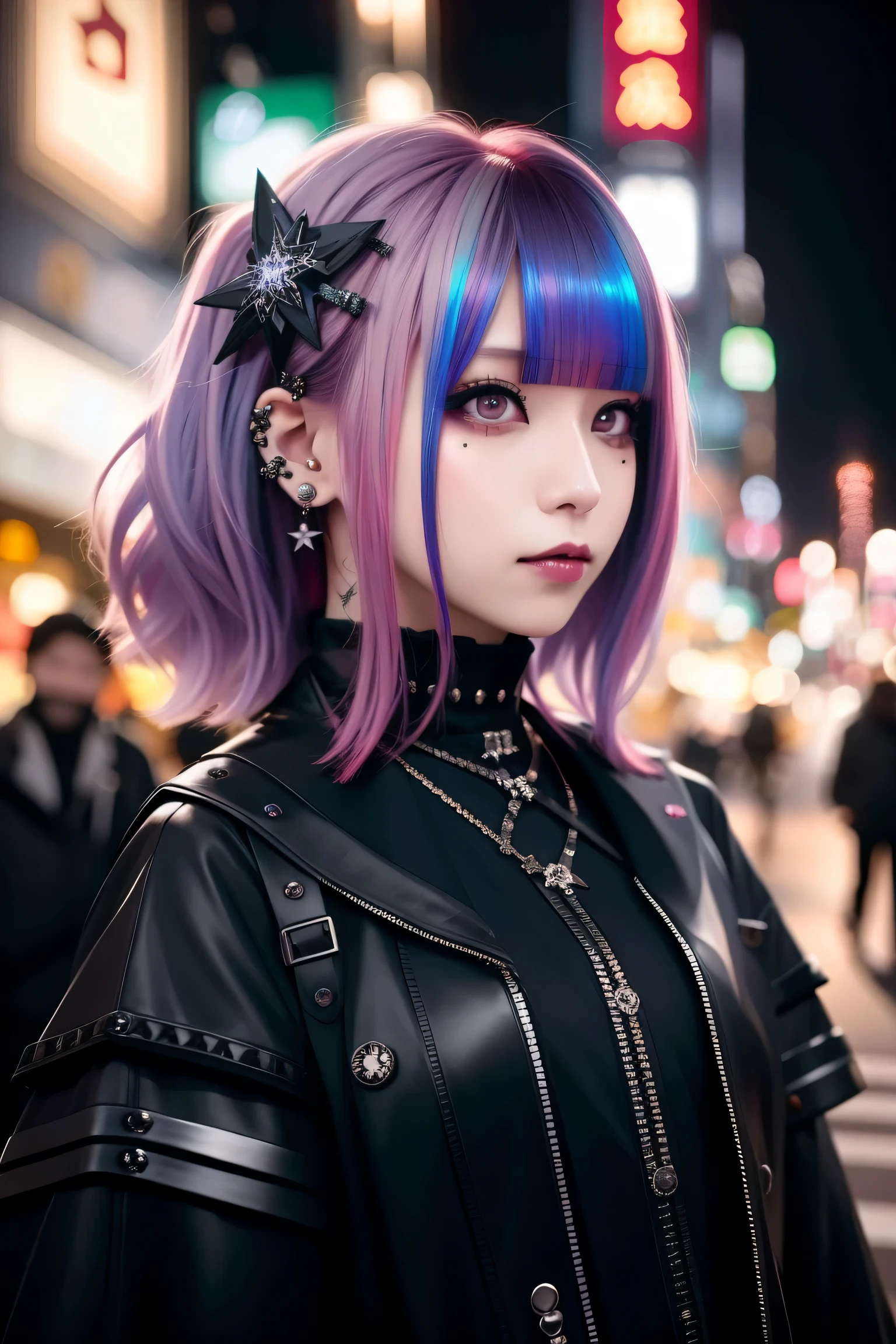 Redhead、Goth_punk, One Girl, alone, Medium Shot, Walking around Harajuku, ((at night)), Bokeh Depth of Field, Neon Light, Rainbow Eyes, Starry Sky, Red glowing hair, White eyebrows, Shiny Hair, (Iridescent white hair), Earrings, Bans, gem, mask, Blunt bangs, Veld&#39;s Eye, Mouth mask, Blurred background, Blurred, hair ornaments, Look at the viewers, short hair, Portraiture, Side Lock