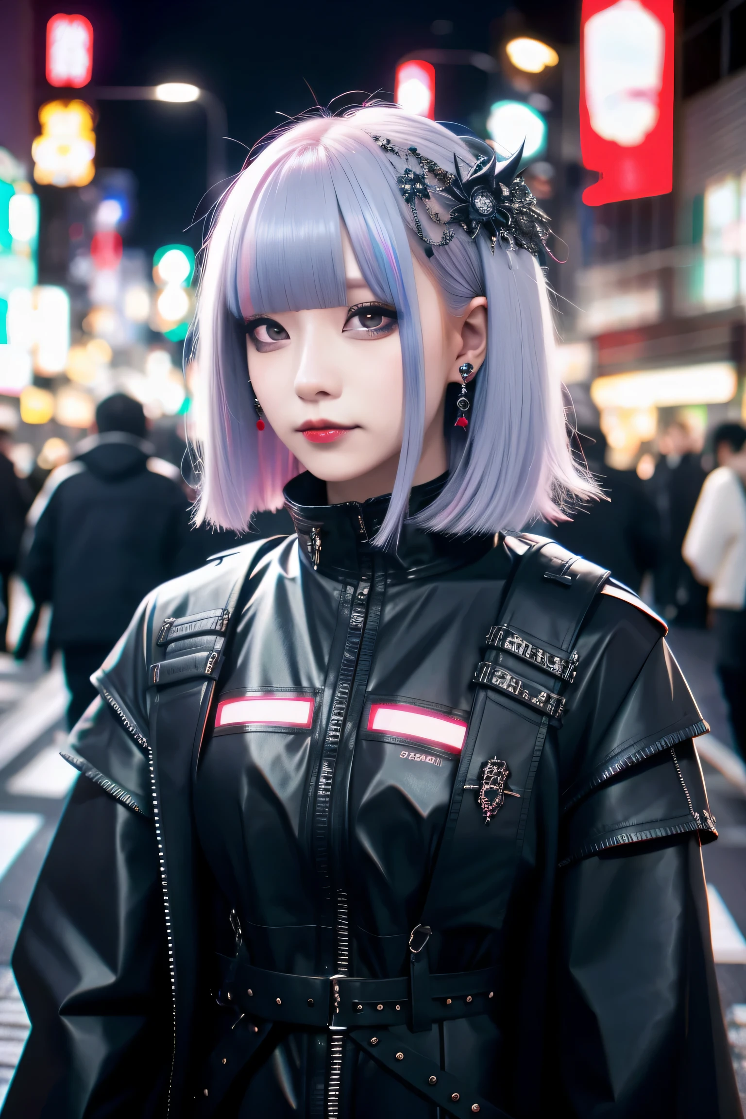 Redhead、Goth_punk, One Girl, alone, Medium Shot, Walking around Harajuku, ((at night)), Bokeh Depth of Field, Neon Light, Rainbow Eyes, Starry Sky, Red glowing hair, White eyebrows, Shiny Hair, (Iridescent white hair), Earrings, Bans, gem, mask, Blunt bangs, Veld's Eye, Mouth mask, Blurred background, Blurred, hair ornaments, Look at the viewers, short hair, Portraiture, Side Lock