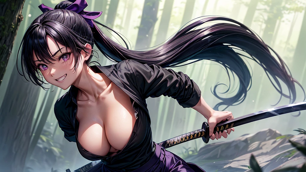 1girl, solo, ninja, forest, trees, Japan, medieval, ((black hair)), ponytail, large breasts, ((black shirt)), ((unbuttoned shirt)), unbuttoning buttons, popping buttons, ((short sleeved shirt)), cleavage 1:3, purple eyes, ((black shorts)), grin, standng, hair ribbon, samurai sword, katana, looking at the viewer