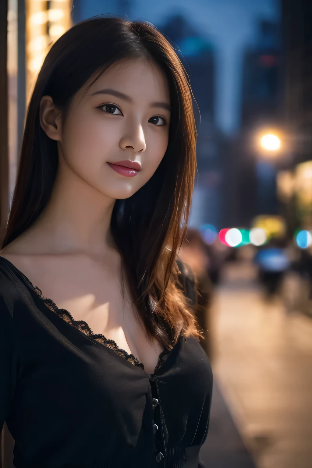 
((Tabletop:1.4, highest quality)), (Realistic photos:1.4), 
((1 girl)), (Beautiful actress), (dream-like),
(超High resolution:1.2), Very delicate and beautiful, wonderful, very detailed Cg Unity 8K wallpaper, Very detailed, High resolution, 
Soft Light, Beautiful detailed girl, Very detailedな目と顔, Beautiful and detailed nose, Beautiful and detailed, 
(Wearing a black blouse:1.3),
Cinema Lighting, Perfect Anatomy, Slender body, 
(Skyscraper street in the evening:1.3), (Outdoor), (Night falls:1.4), (Reflection of a glass building),
Cowboy Shot, Looking at the audience, Old-fashioned smile