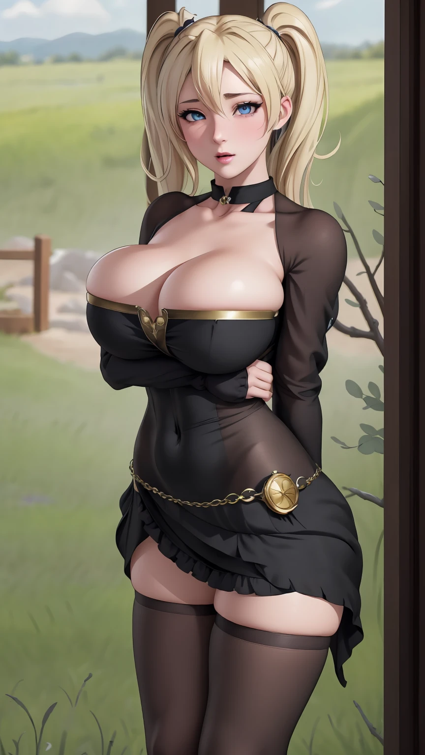 masterpiece, best quality, extremely detail 8k cg, high resolution, 1girl, narukouzumaki, twintails, wisker marks, blonde hair, blue eyes, perfect eyes, slim body, huge breasts, bursting breasts, lacasindress, black thighhighs, cleavage, outdoors, garden, beautiful face, full shot photo, full body
