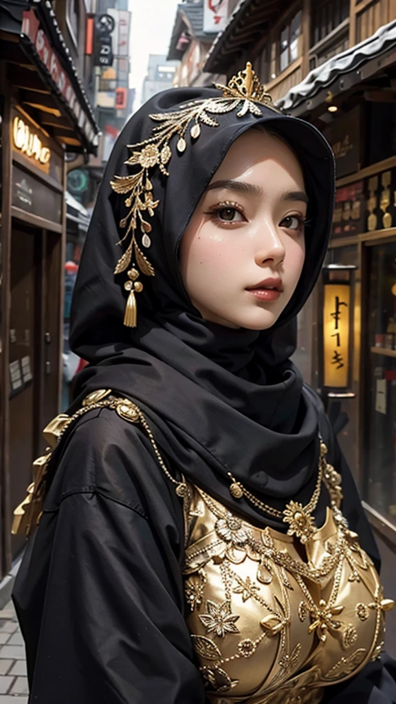 ((top quality, 8 thousand, masterpiece:1.3)), beautiful moslem woman, (big breast: 1.5), crown, black hijab clothes, gold ornament, japanese street day background