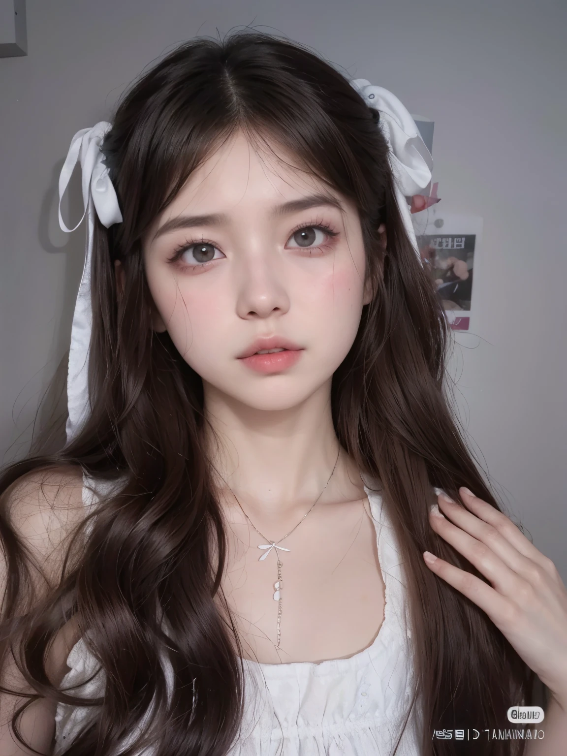 Chica arafed con un lazo blanco y un top blanco., ulzzang, retrato realista kawaii, maquillaje popular de corea del sur, joven y adorable rostro coreano, pale korean adorable face, guweiz, chica anime en la vida real, pale milky white porcelain skin, maquillaje coreano popular, dulce conejita ultrarrealista, pale, snow-white skin, cruel korean gothic girl