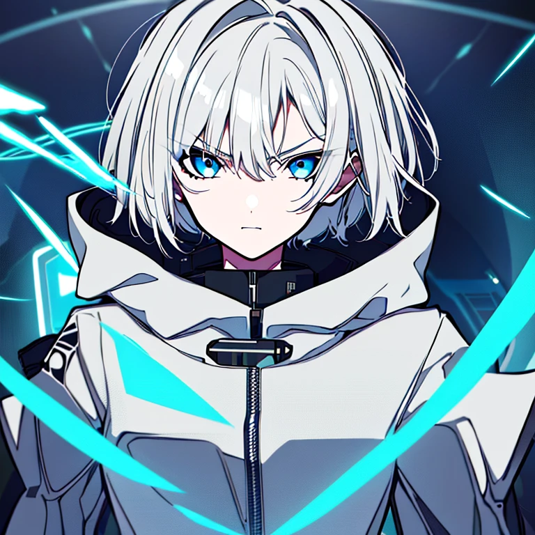 (1 girl,wavy short hair,white hair,blue eyes,long sleeves,sharp eyes) angry,portrait,(matrix theme:1.1) high-tech futuristic assassin,advanced technology,hoodie,techwear,wearable device