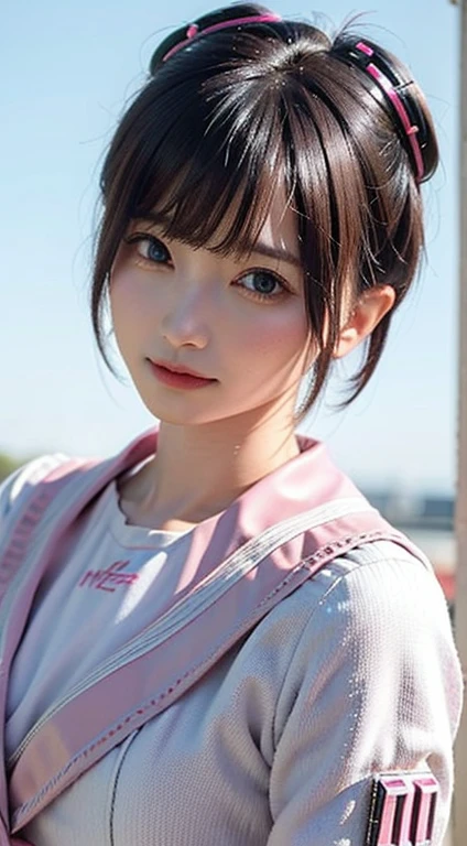 ((highest quality)), ((masterpiece)), (High Detail:1.3), 。.。.3D, Beautiful poop (cyber punk:1.3) Pink color hair、Hacker woman in white clothes looking at camera、(smile:0.4)