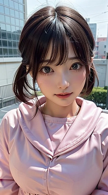 ((highest quality)), ((masterpiece)), (High Detail:1.3), 。.。.3D, Beautiful poop (cyber punk:1.3) Pink color hair、Hacker woman in white clothes looking at camera、(smile:0.4)