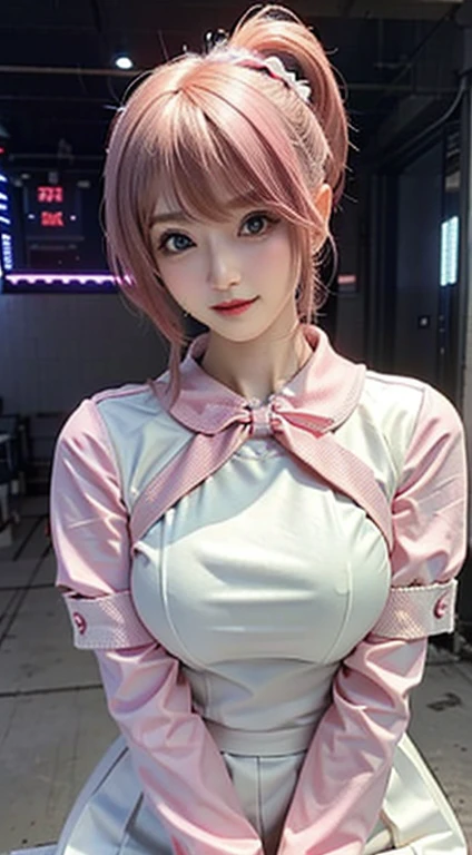 ((highest quality)), ((masterpiece)), (High Detail:1.3), 。.。.3D, Beautiful poop (cyber punk:1.3) Pink color hair、Hacker woman in white clothes looking at camera、(smile:0.4)