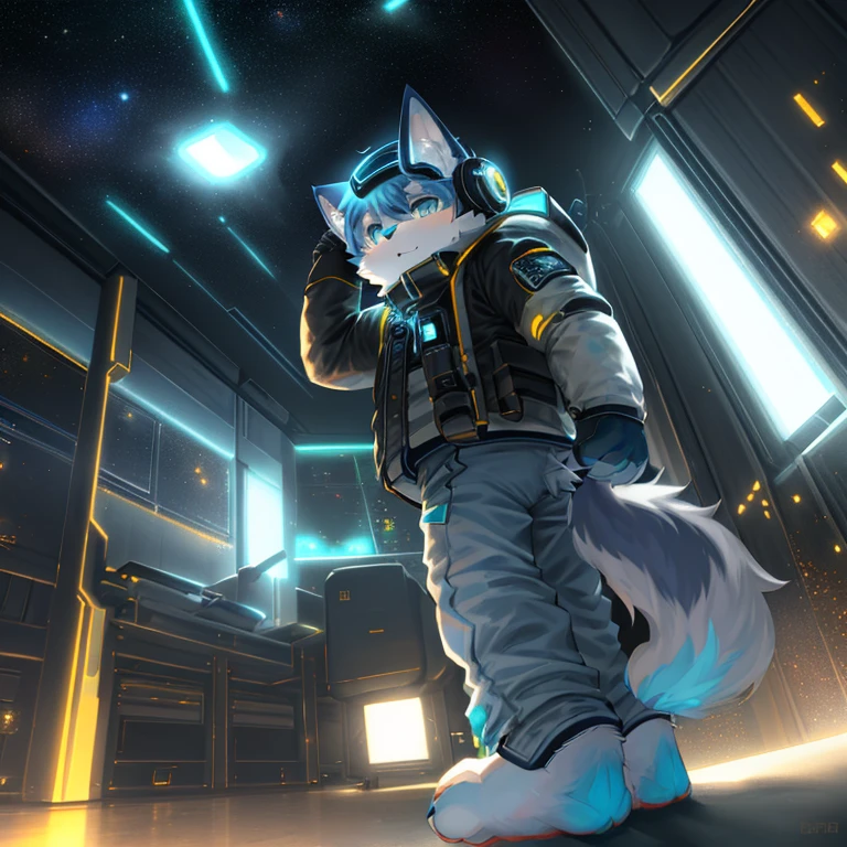 "(High quality sci-fi scenery and shadows,Ray Tracing,Particle Effects,8k resolution),(Cat-eared Shota boy and a huge wolf tail+The ears are big and long)of(White luminous pants+皮毛是白色of+Yellow and blue luminous clothes),Wearing futuristic sci-fi naval command uniform,Space Helmet,Animal-type feet,散发着神秘又英气of可爱气质。"