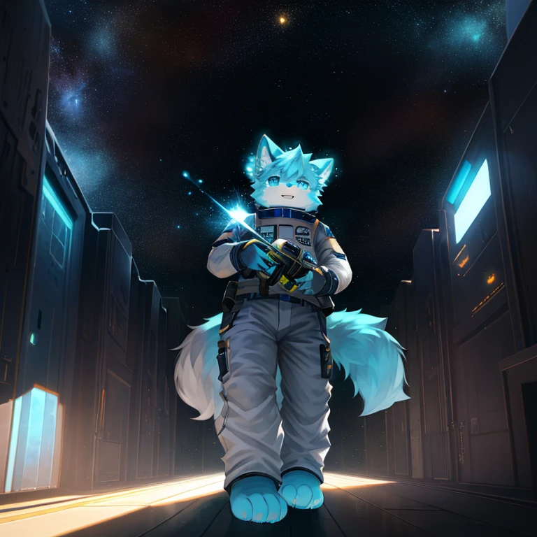 "(High quality sci-fi scenery and shadows，Ray Tracing，Particle Effects，8k resolution)，(Cat-eared Shota boy and a huge wolf tail+The ears are big and long)of(White luminous pants+皮毛是白色of+Yellow and blue luminous clothes)，Wearing futuristic sci-fi naval command uniform，Space Helmet，Animal-type feet，散发着神秘又英气of可爱气质。"