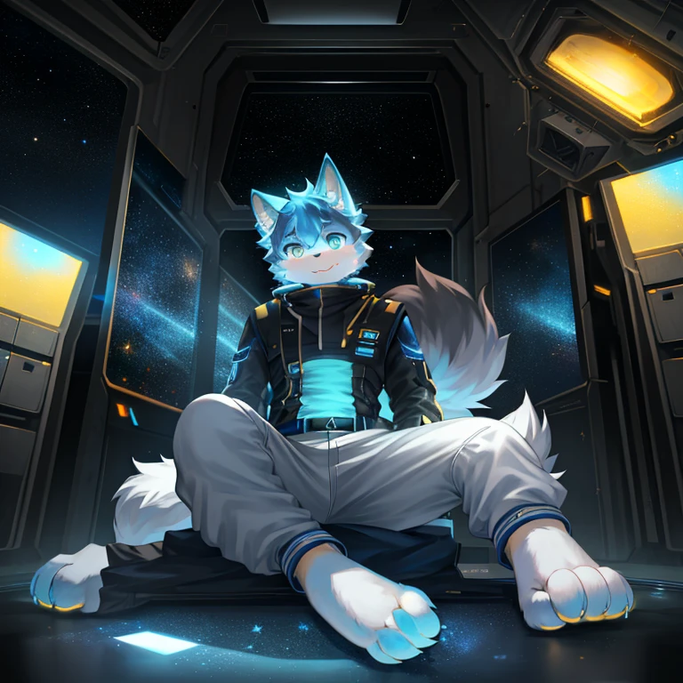 "(High quality sci-fi scenery and shadows,Ray Tracing,Particle Effects,8k resolution),(Cat-eared Shota boy and a huge wolf tail+The ears are big and long)of(White luminous pants+皮毛是白色of+Yellow and blue luminous clothes),Wearing futuristic sci-fi naval command uniform,Space Helmet,Animal-type feet,散发着神秘又英气of可爱气质。"