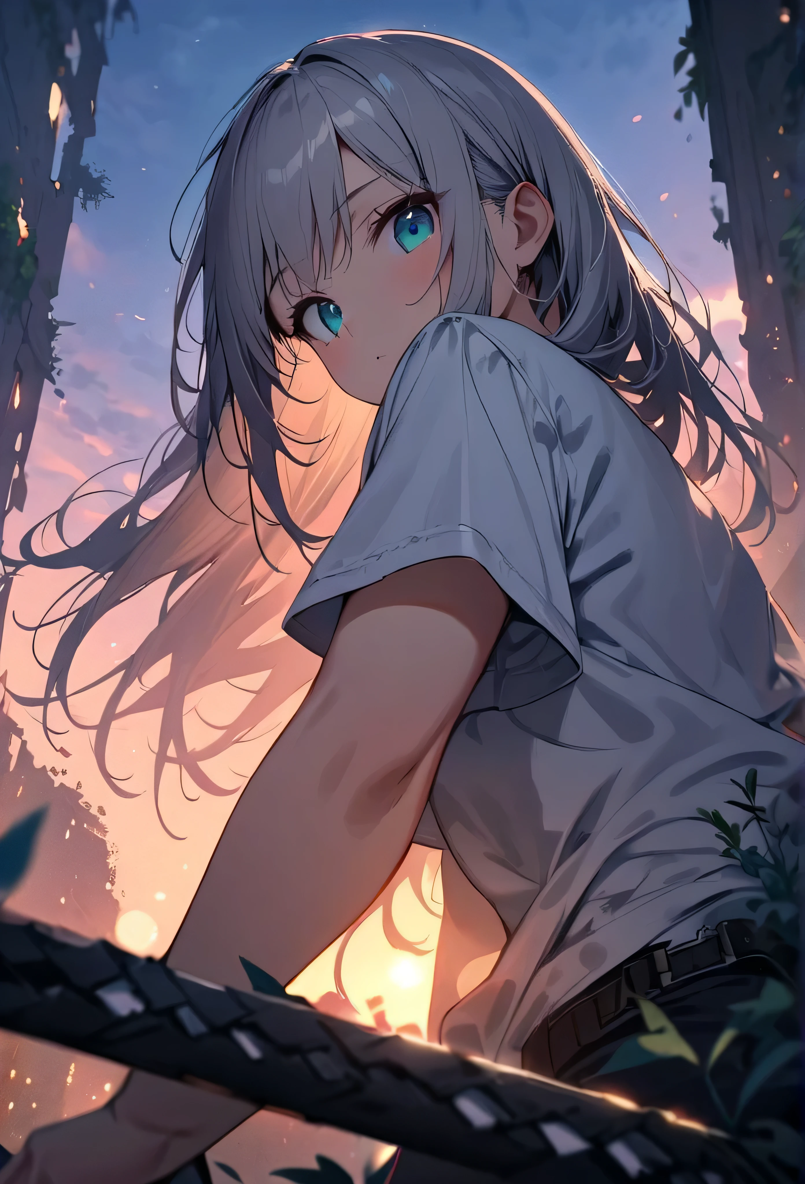 Resolution full, best quality, masterpiece, full HD, beautifull girl, foggy theme, super detailed, 1girl, cute girl, long hair, silver hair, detailed beautiful Aqua eyes, white T - shirt oversized, holding glowing katana. from below, in ruins, overgrown. Day sky, gradient sky, sunset.  bokeh. Depth of field.