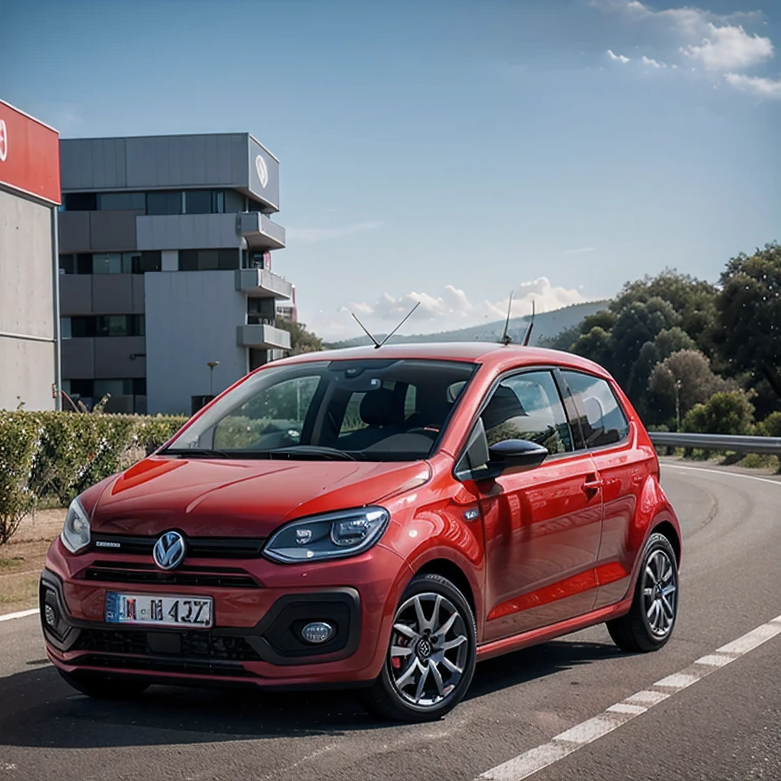 Prompt vw up rojo tsi a maxima velocidad ultra realista con detalles en  8k con una carretera de fondo 