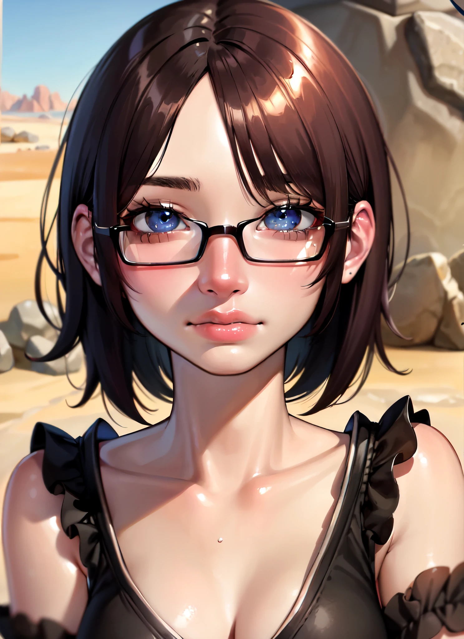 ((best quality)), ((highly detailed)), absurdres, extremely detailed face, beautiful face, (detailed eyes, deep eyes), (1girl), (glasses), upper body, , (outdoors, at a desert, rocks, morning, sunrise), 