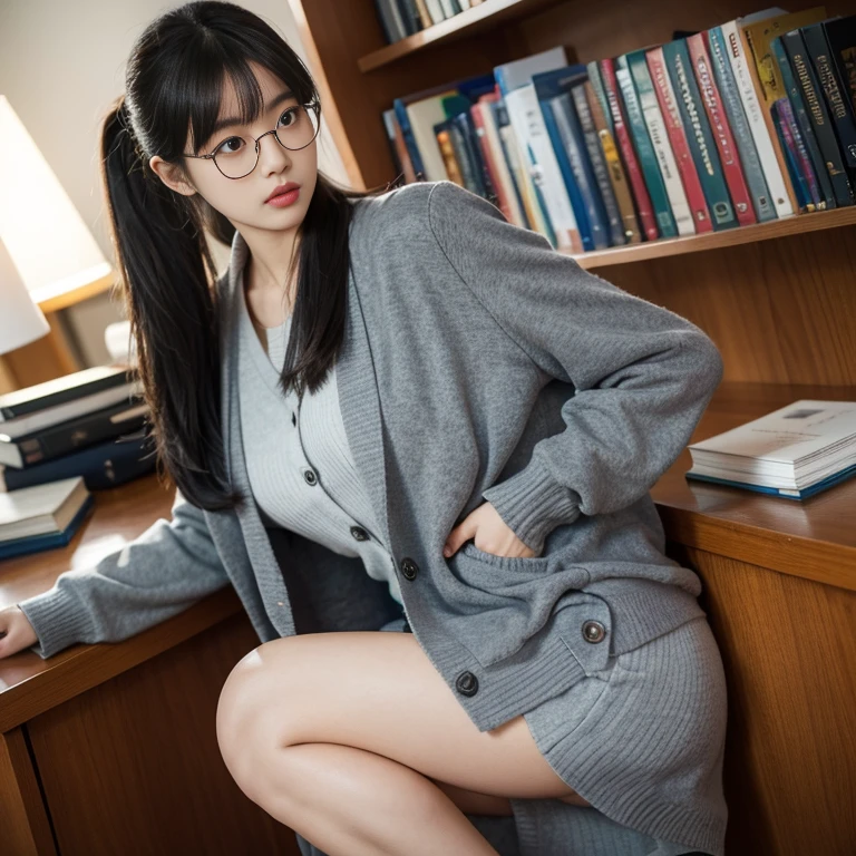 Korean college style, Extra-long ponytail, Parted bangs, Round glasses, Wear , Dark grey cardigan jacket, Dark grey suit jacket, Short skirt, mini skirt,Reading books in the library, The morning sun pours down,Shy and quiet girl, Reserved and dignified,Looking beyond, Very fine hair, Intricate details, best quality, Realistically,need,masterpiece,Nice butt,Beautiful buttocks